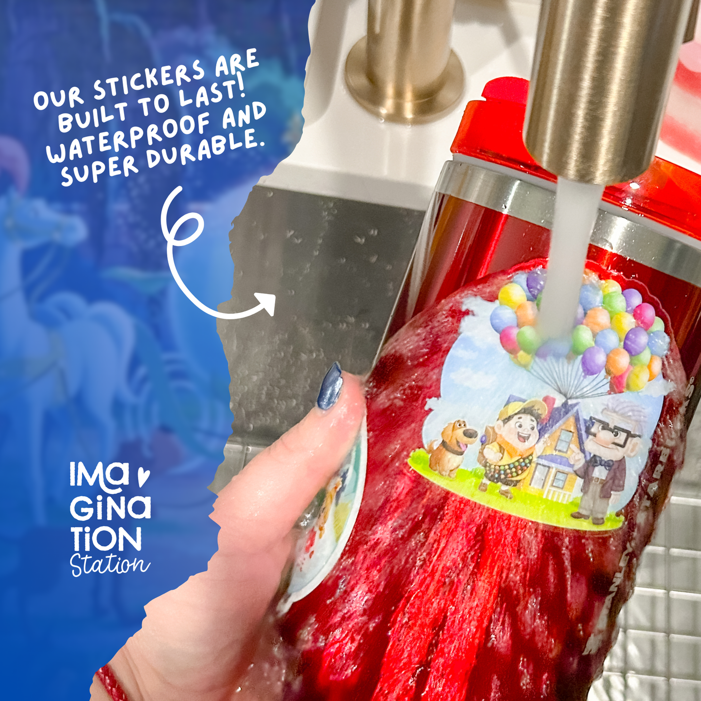 Red bottle with a colorful sticker being held under running water, with text about waterproof stickers.