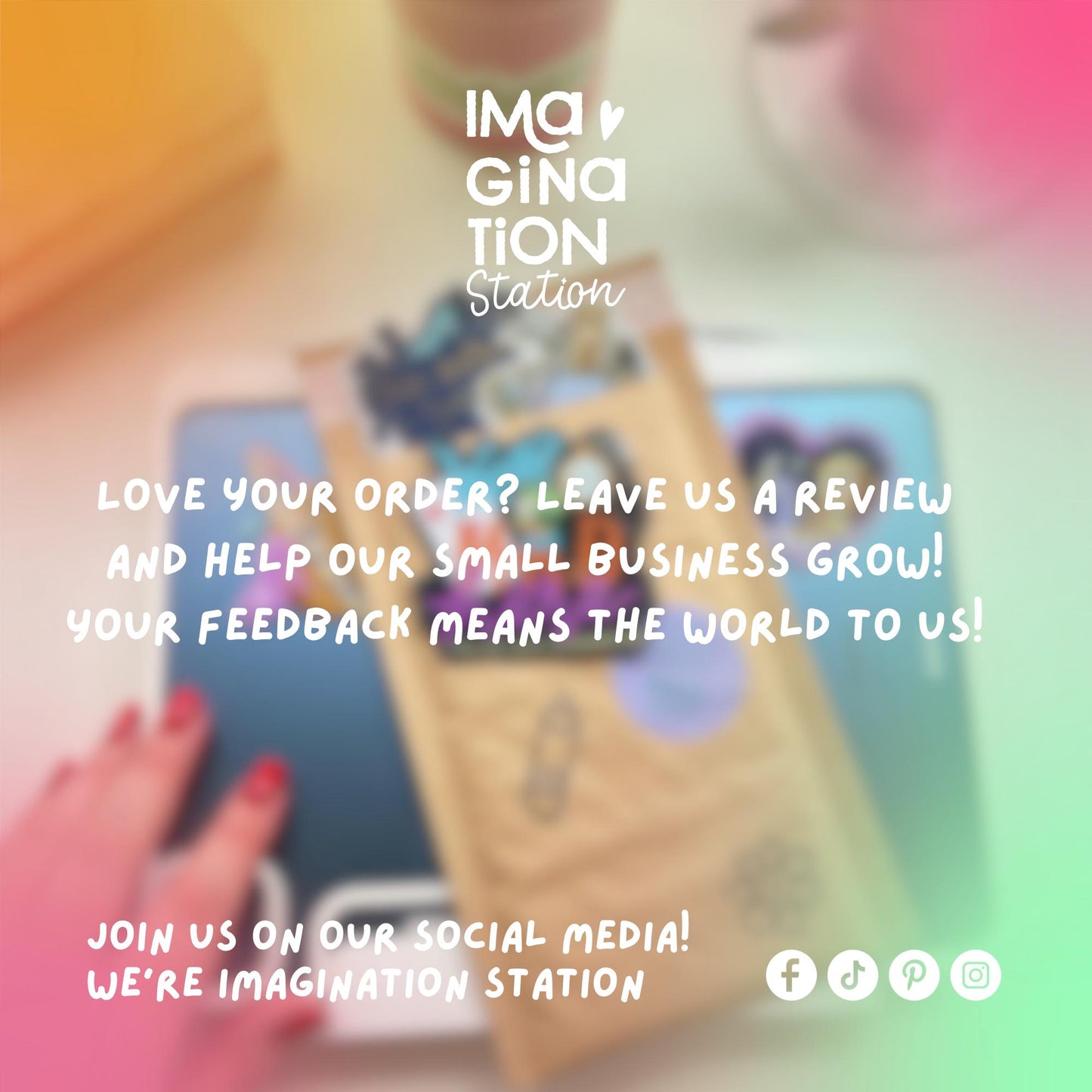 Promotional graphic for Imagination Station with text and blurred product image.