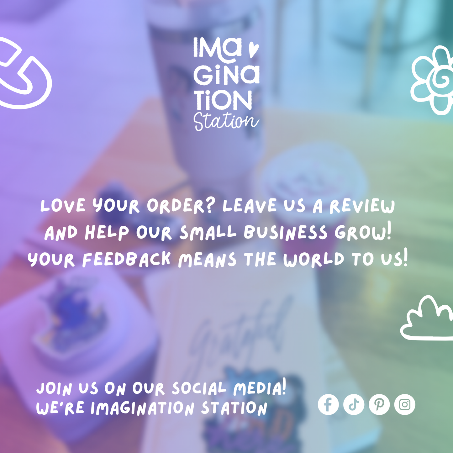 Promotional graphic for Imagination Station with colorful stationery items and a call to action for feedback.
