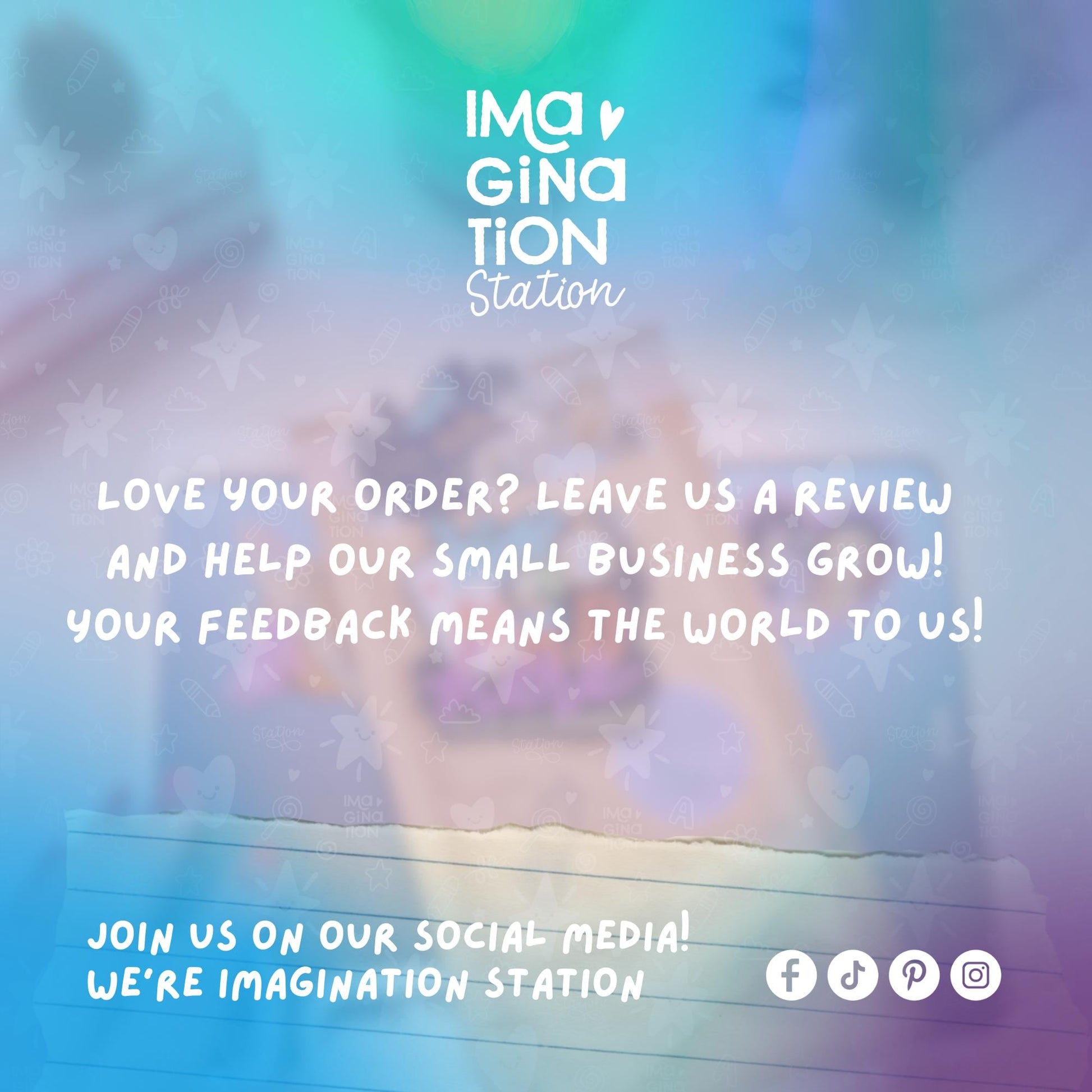 Promotional message from Imagination Station with a blurred background of people and colorful lights.