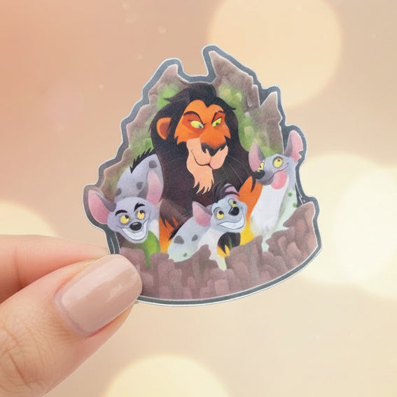 Sticker of a character with two animals on a colorful background, featuring the brand 'Imagination Station'.
