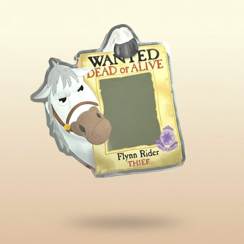 Sticker of a horse with a 'Wanted' poster from 'Tangled' with Rapunzel in the background.