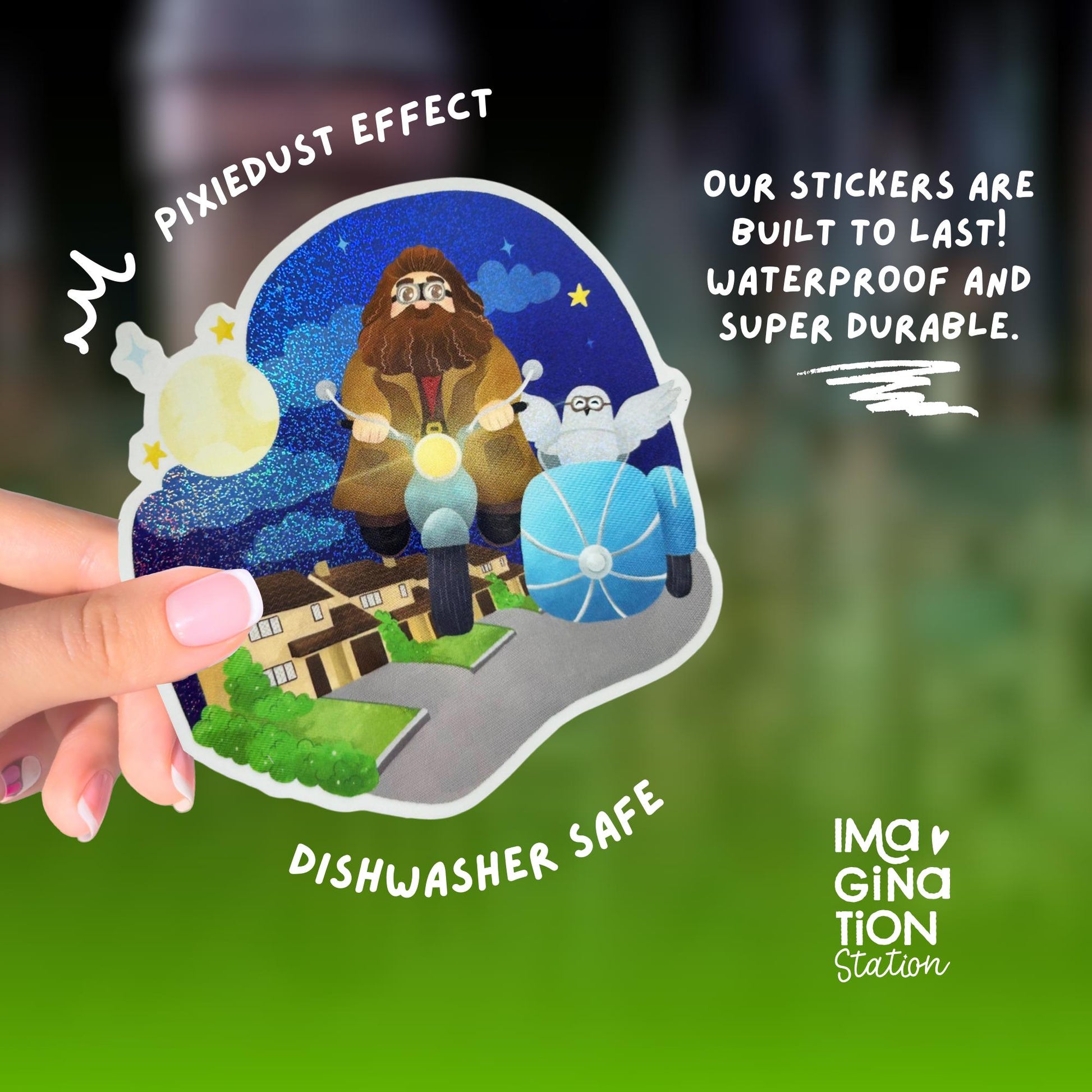 Hagrid Harry Potter pixie dust sticker held by hand – waterproof glossy vinyl decal