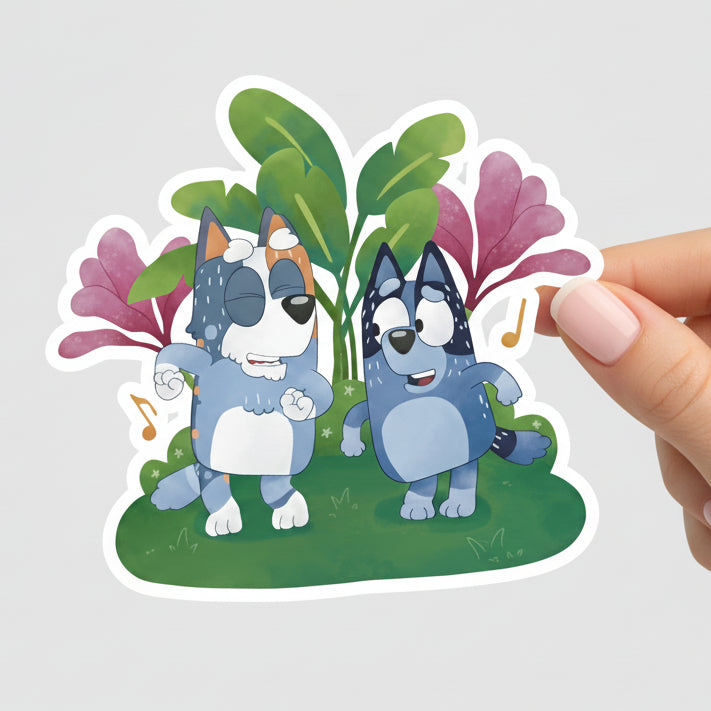 Sticker design of two cartoon characters with plants and music notes on a pink background, featuring 'Bluey's Grandparents' text.