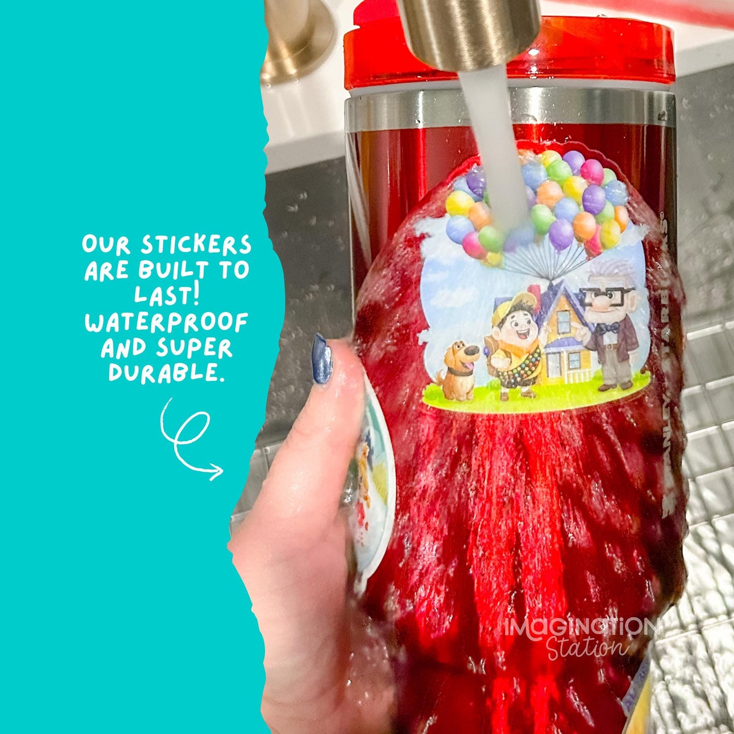 Mickey and Minnie Gondola sticker on water bottle – romantic Disney castle fireworks design
