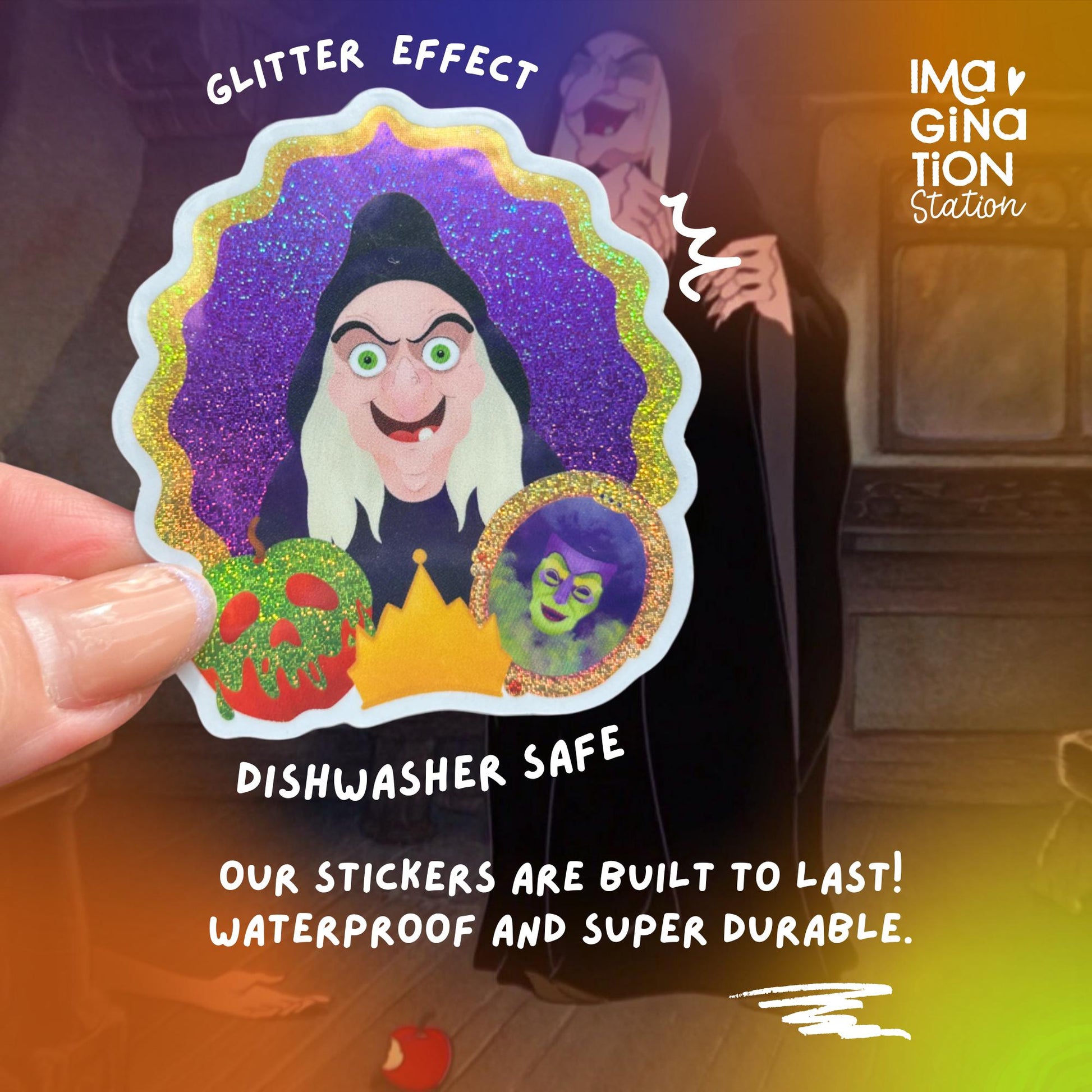 Evil Queen sticker on water bottle – Snow White Disney villain pixie dust vinyl decal