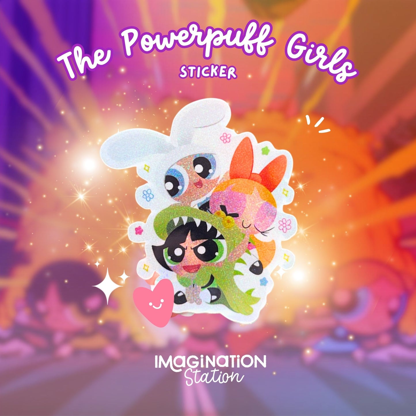 Powerpuff Girls pixie dust sticker front view – Blossom Bubbles Buttercup retro 90s cartoon vinyl