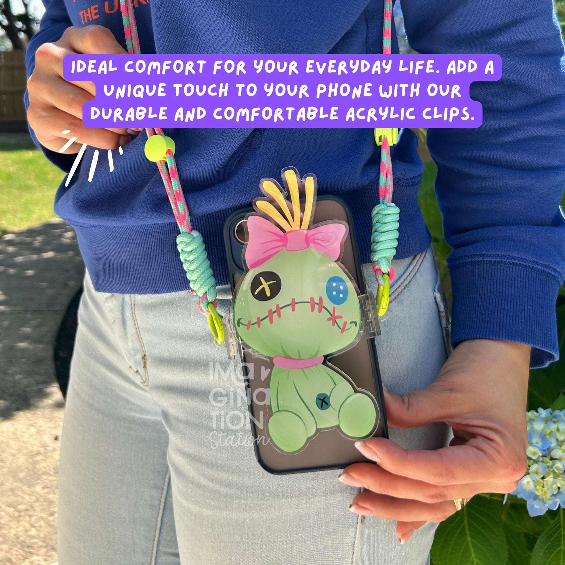 Scrump phone clip lanyard detail – colorful paracord strap with heart clip for Disney fans