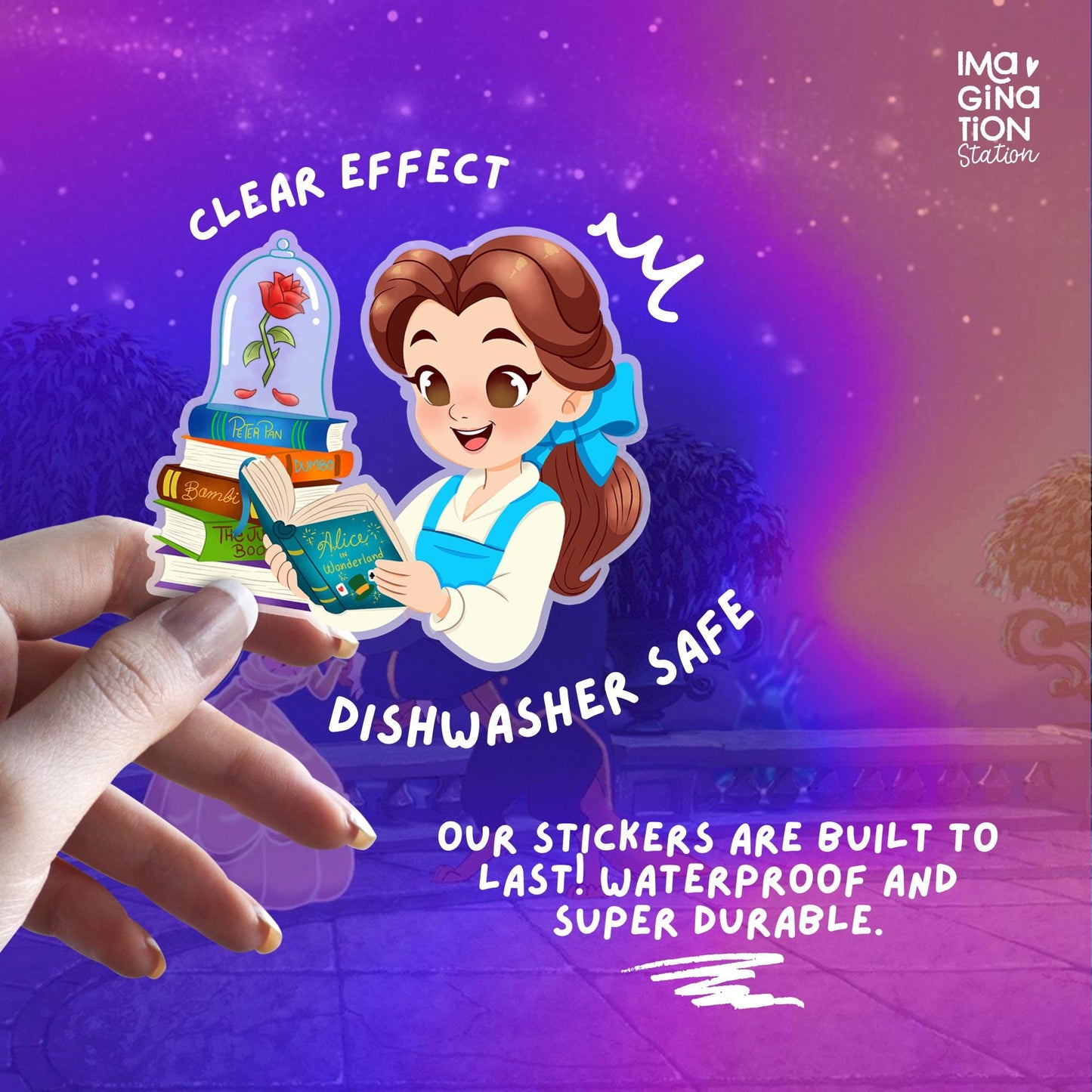 Belle Beauty Beast sticker size reference – clear glossy waterproof Disney vinyl decal