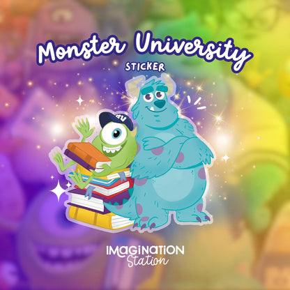 Sticker design featuring two cartoon monsters with books, labeled 'Monster University' and 'Imagination Station'.