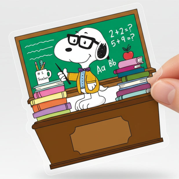 Snoopy teacher glitter sticker front view – Peanuts school appreciation waterproof vinyl decal