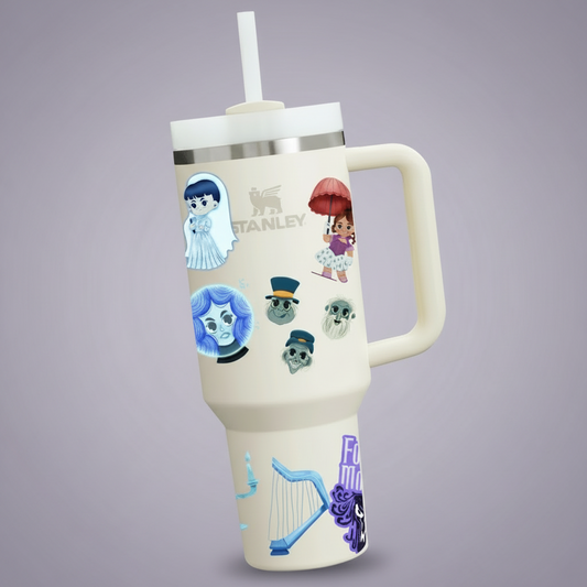 Stanley tumbler with 'The Haunted Mansion' character designs on a gradient background