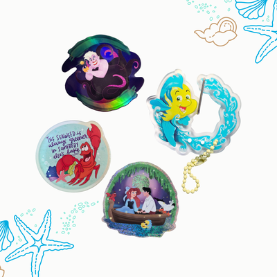 Little Mermaid bundle front view – Flounder keychain, Ariel phone holder and waterproof sticker set
