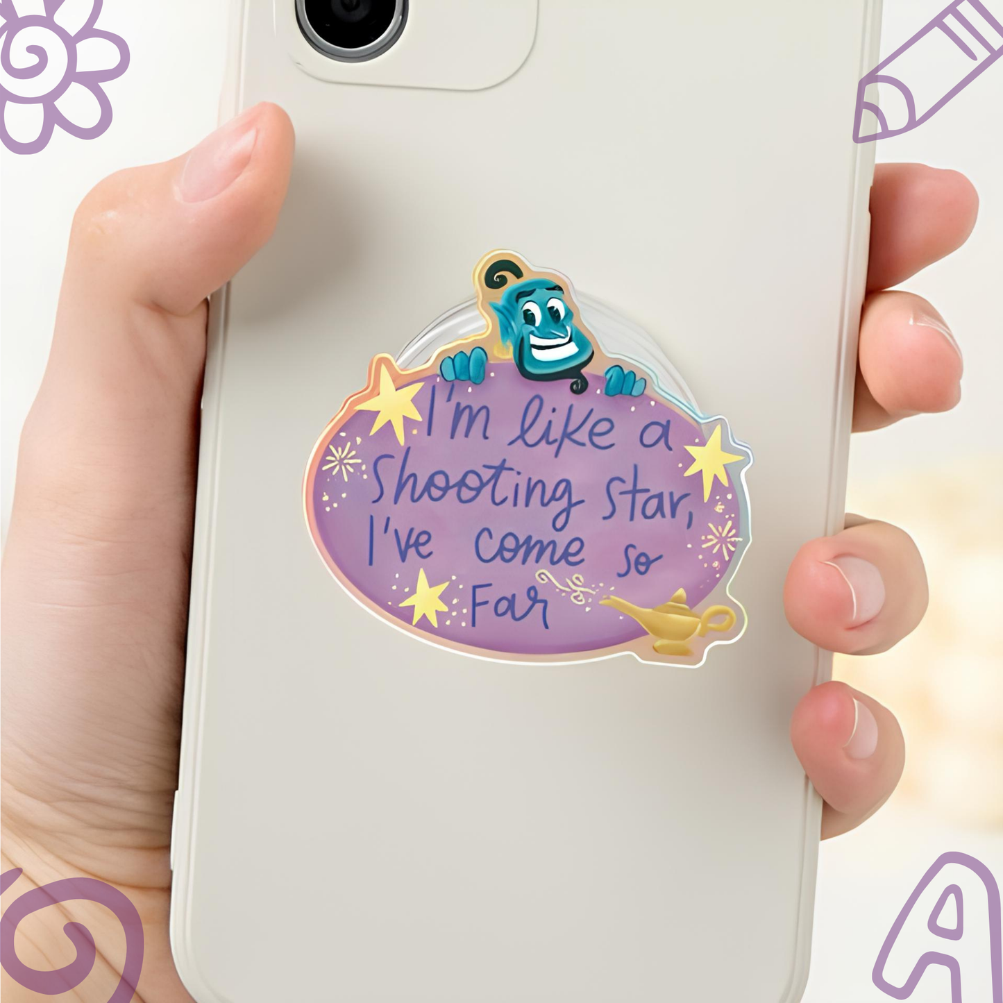 Aladdin Genie phone holder on phone – holographic acrylic Disney airbag grip