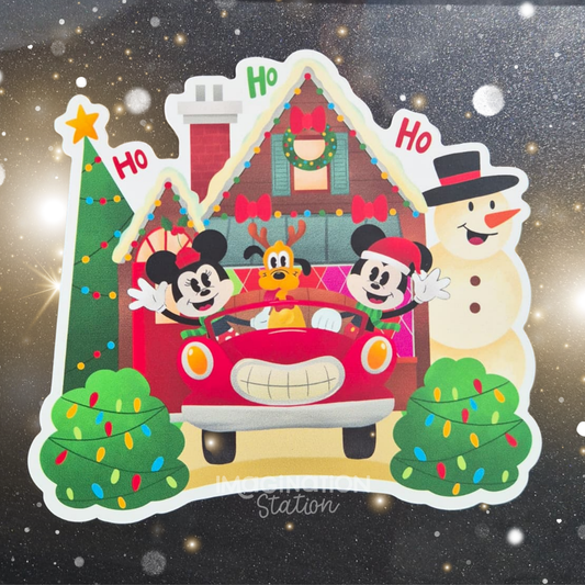 Christmas-themed design with Mickey Mouse, Minnie Mouse, and a snowman in a car, surrounded by festive decorations.