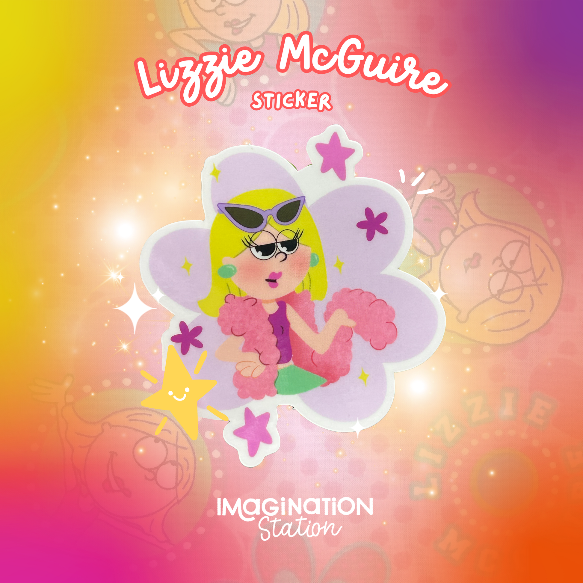 Lizzie McGuire sticker with colorful background and 'Imagination Station' text