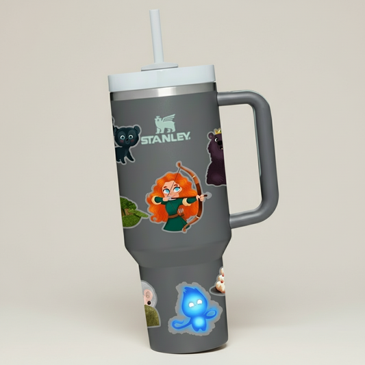 Stanley tumbler with 'Brave' character design on a mystical forest background
