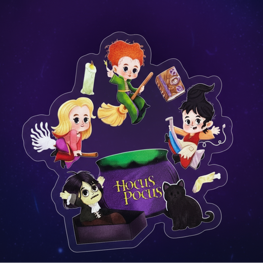 Hocus Pocus themed sticker set with characters and a cauldron on a purple background.