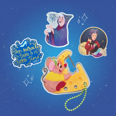 Cinderella bundle front view – Gus Gus carabiner keychain and mirror effect sticker pack