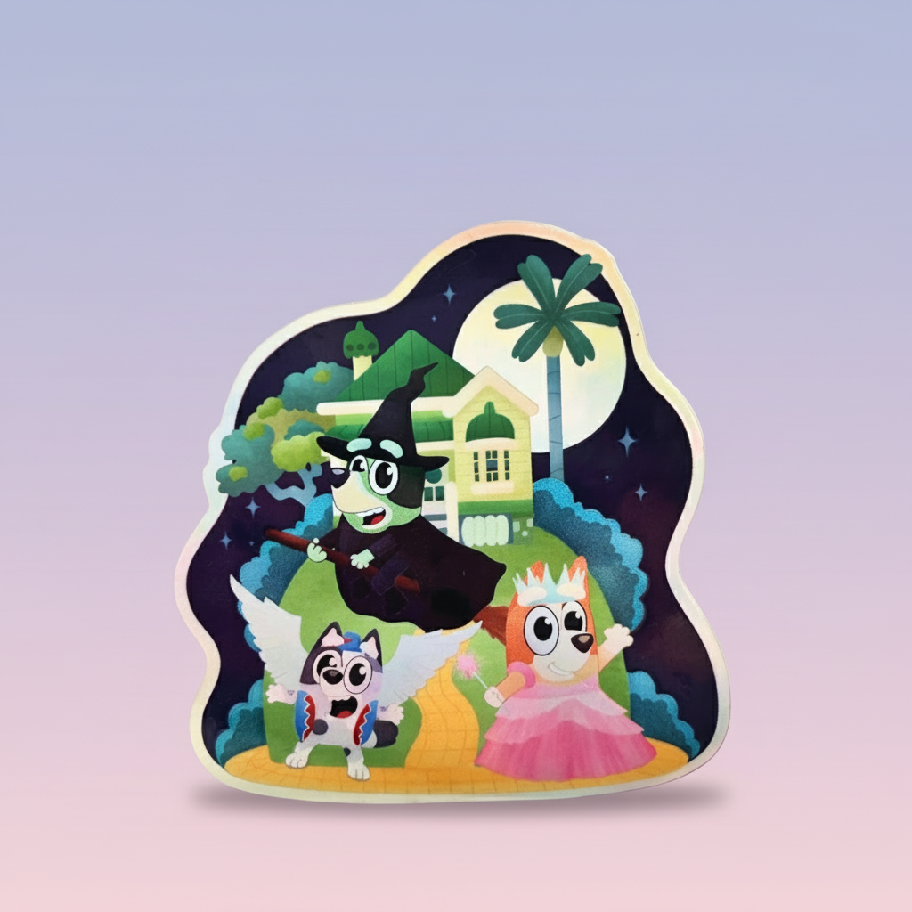 Halloween-themed sticker with cartoon characters and 'Bluey Halloween' text on a colorful background.