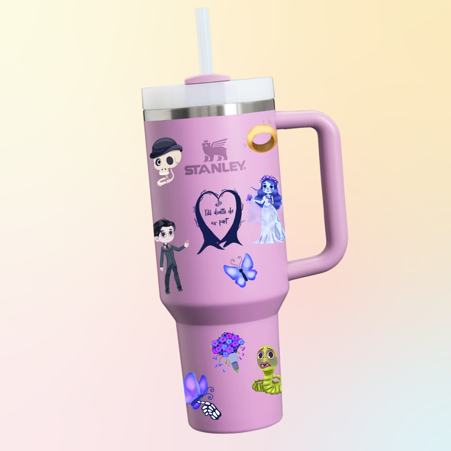Corpse Bride 40oz tumbler front view – Tim Burton gothic romance Stanley-style bundle