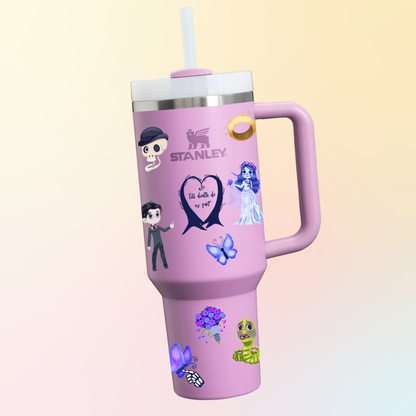 Corpse Bride 40oz tumbler front view – Tim Burton gothic romance Stanley-style bundle