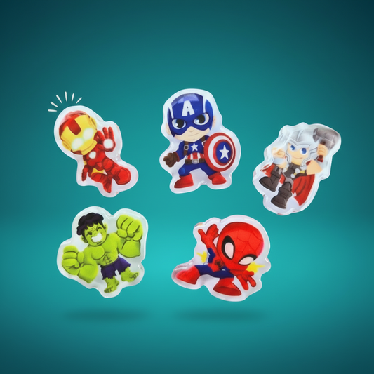 Set of superhero stickers on a blurred background
