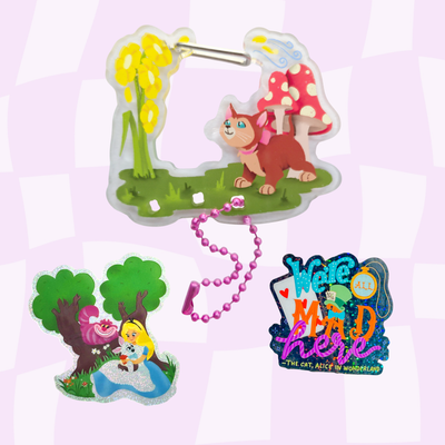 Alice in Wonderland bundle front view – Dinah carabiner keychain and waterproof sticker set