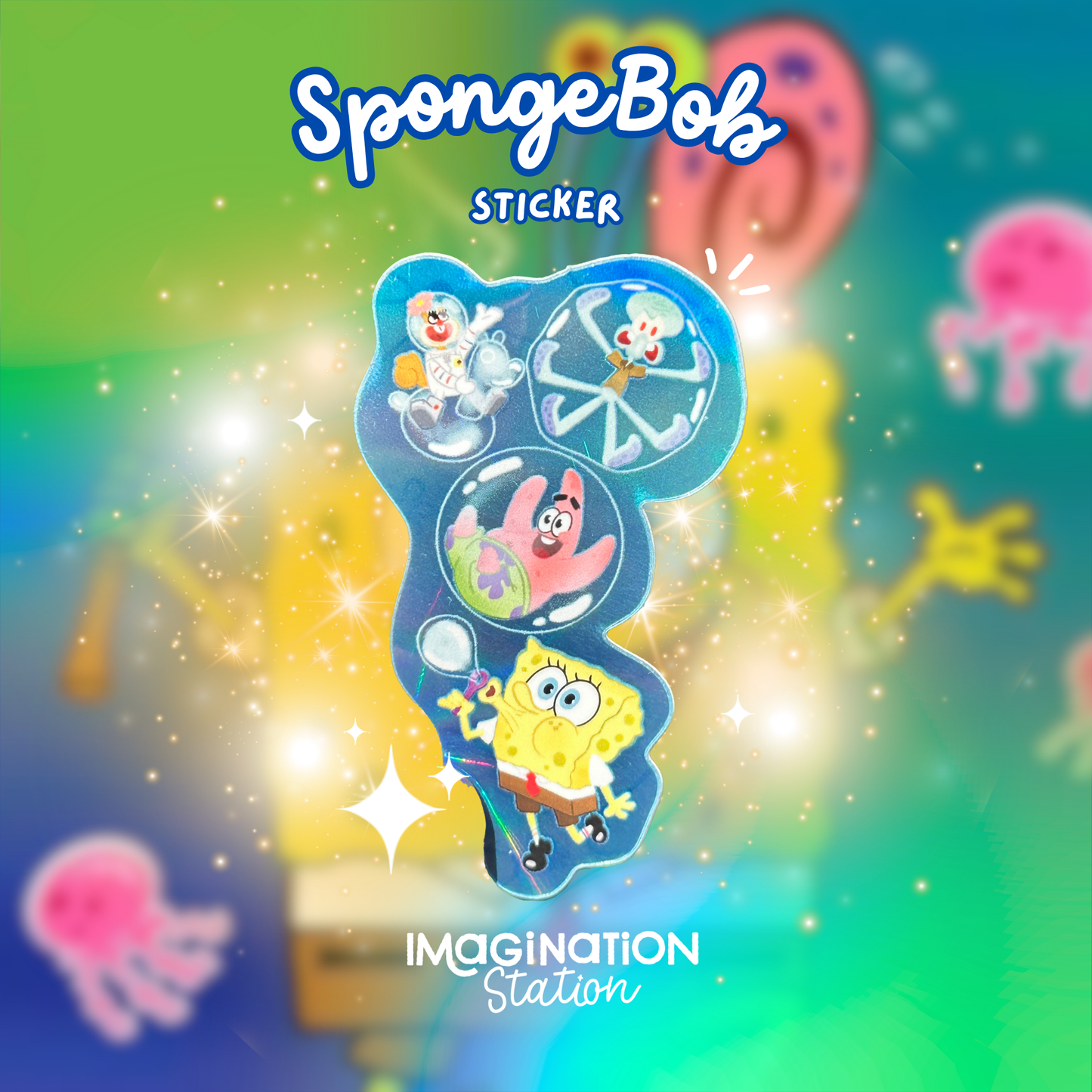 SpongeBob-themed sticker sheet with characters on a colorful background, featuring the brand 'Imagination Station'.
