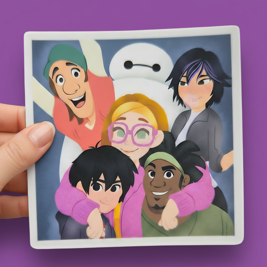 Cartoon characters in a group hug with a colorful background