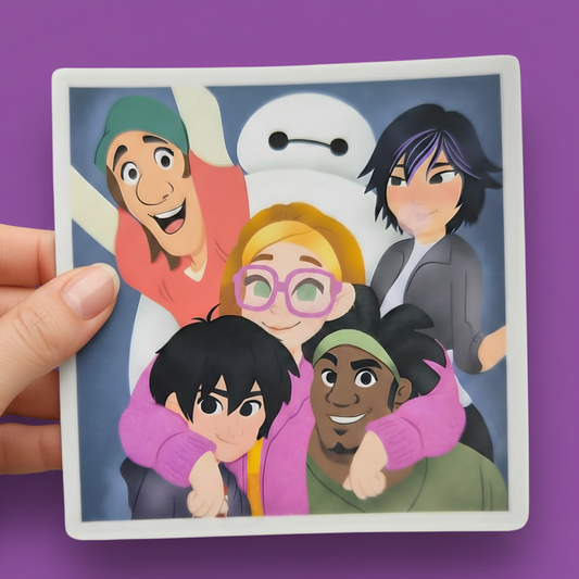 Cartoon characters in a group hug with a colorful background