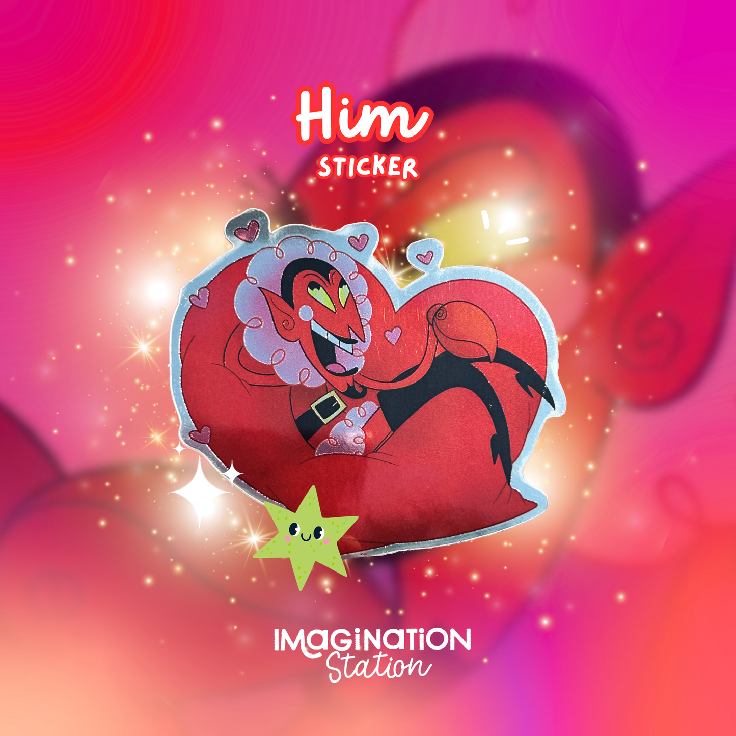 Sticker design with a character on a heart-shaped background, labeled 'Him Sticker' and 'Imagination Station'.