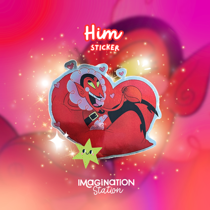 Sticker design with a character on a heart-shaped background, labeled 'Him Sticker' and 'Imagination Station'.