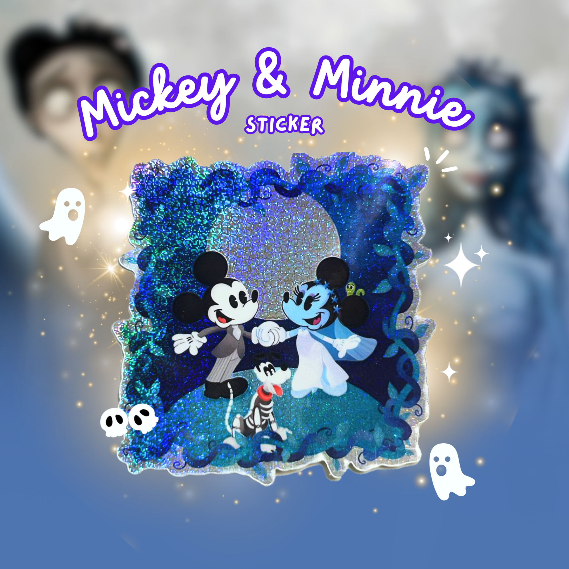 Mickey and Minnie Mouse sticker with blue glittery background and ghost characters.