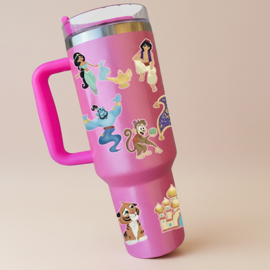 Pink tumbler with cartoon characters on a purple background