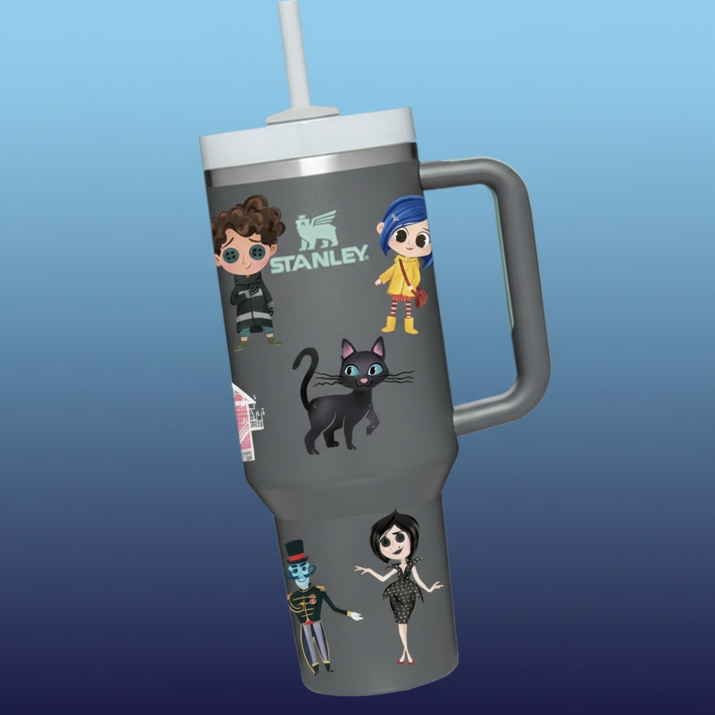 Tumbler with cartoon characters and 'Stanley' branding against a blue gradient background