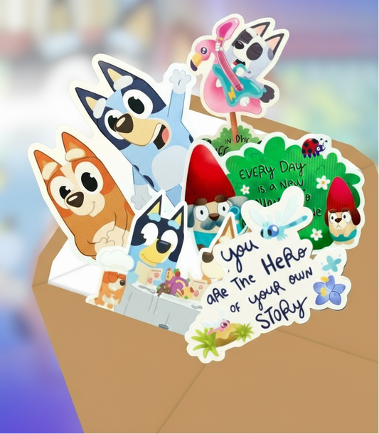 Cartoon character-themed product bundle with colorful design on a blurred background