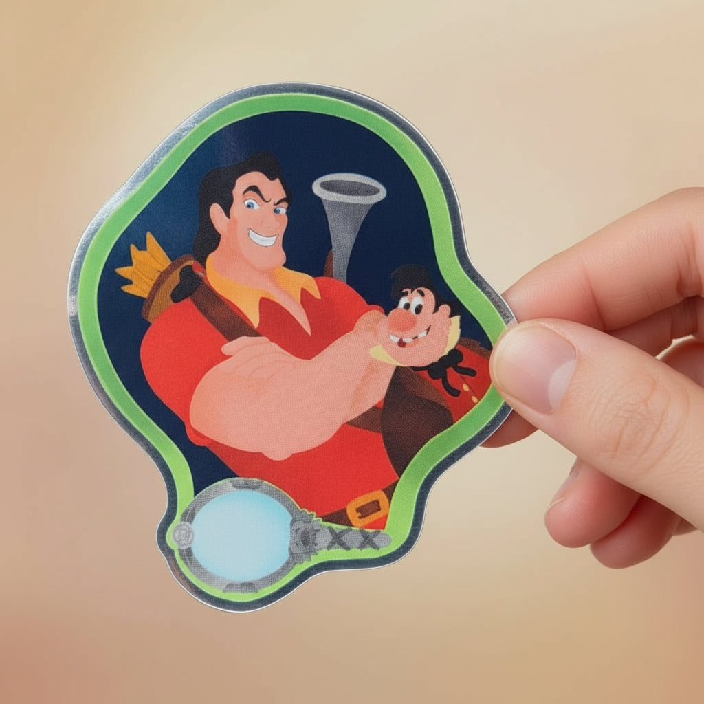Gaston Beauty and the Beast villain sticker front view – mirror glossy Disney vinyl