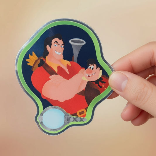 Gaston Beauty and the Beast villain sticker front view – mirror glossy Disney vinyl
