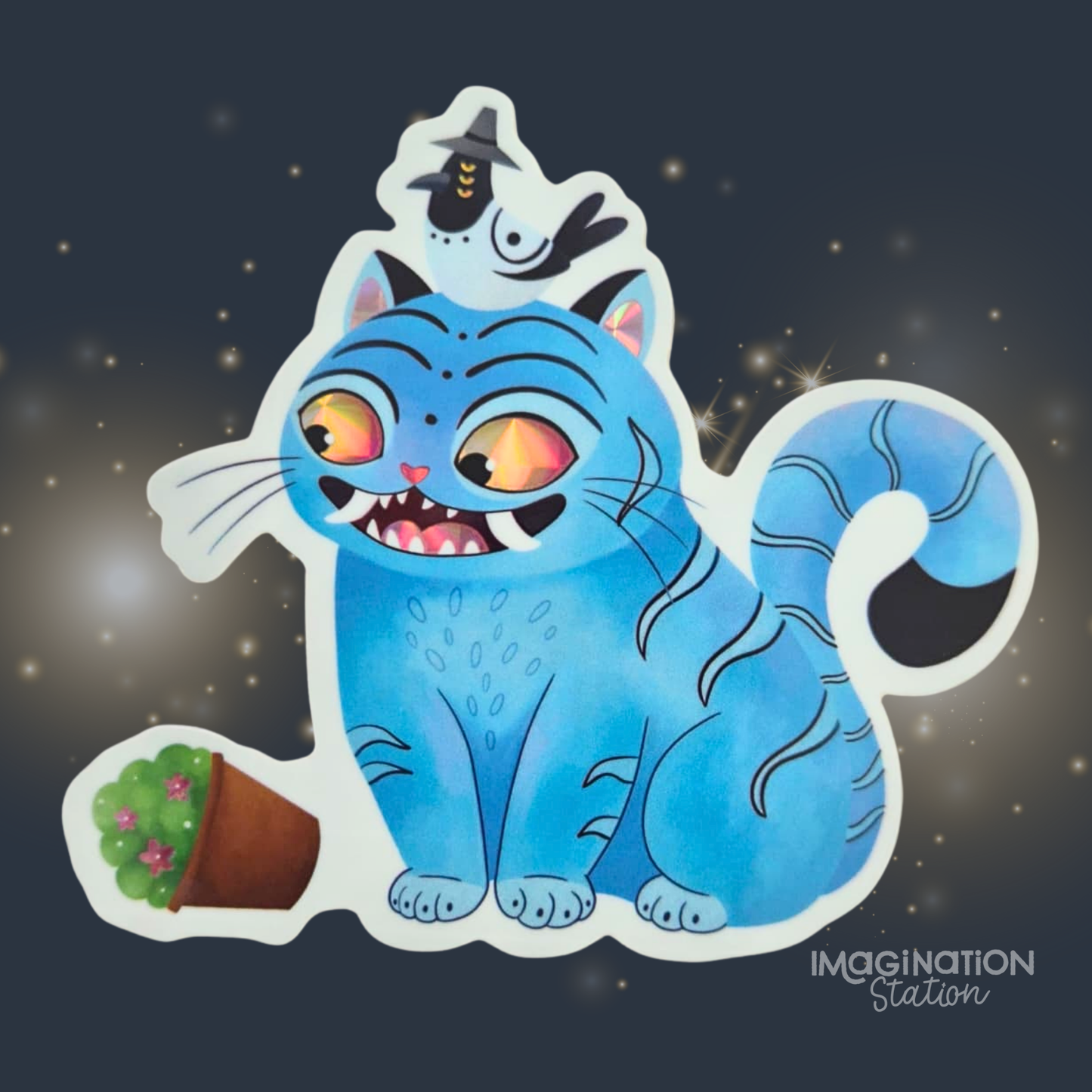 Derpy tiger K-Pop cat sticker front view – prismatic holographic waterproof vinyl