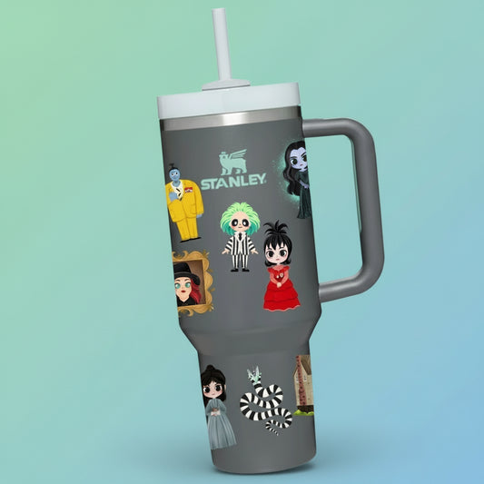 Stanley tumbler with Beetlejuice character designs on a colorful background