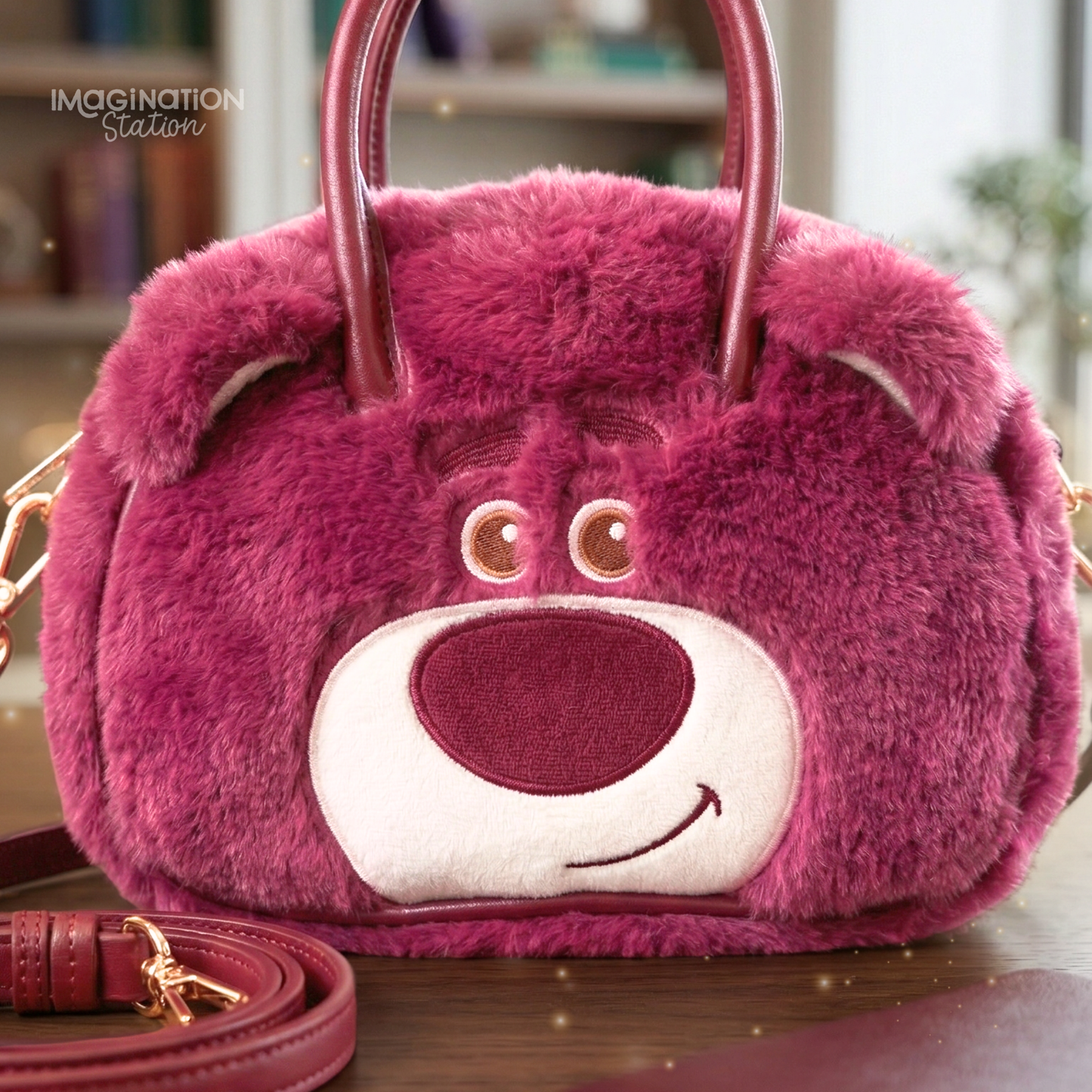 Lotso Bear plush crossbody bag – soft fuzzy Toy Story inspired character bag by Imagination Station