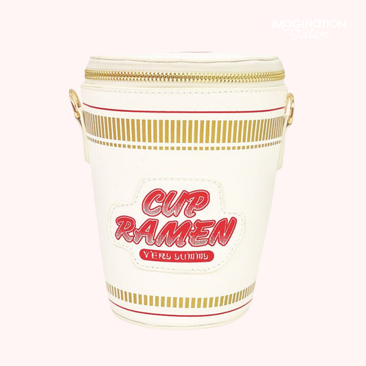Ramen noodle cup crossbody bag front view showing chopsticks and steam design