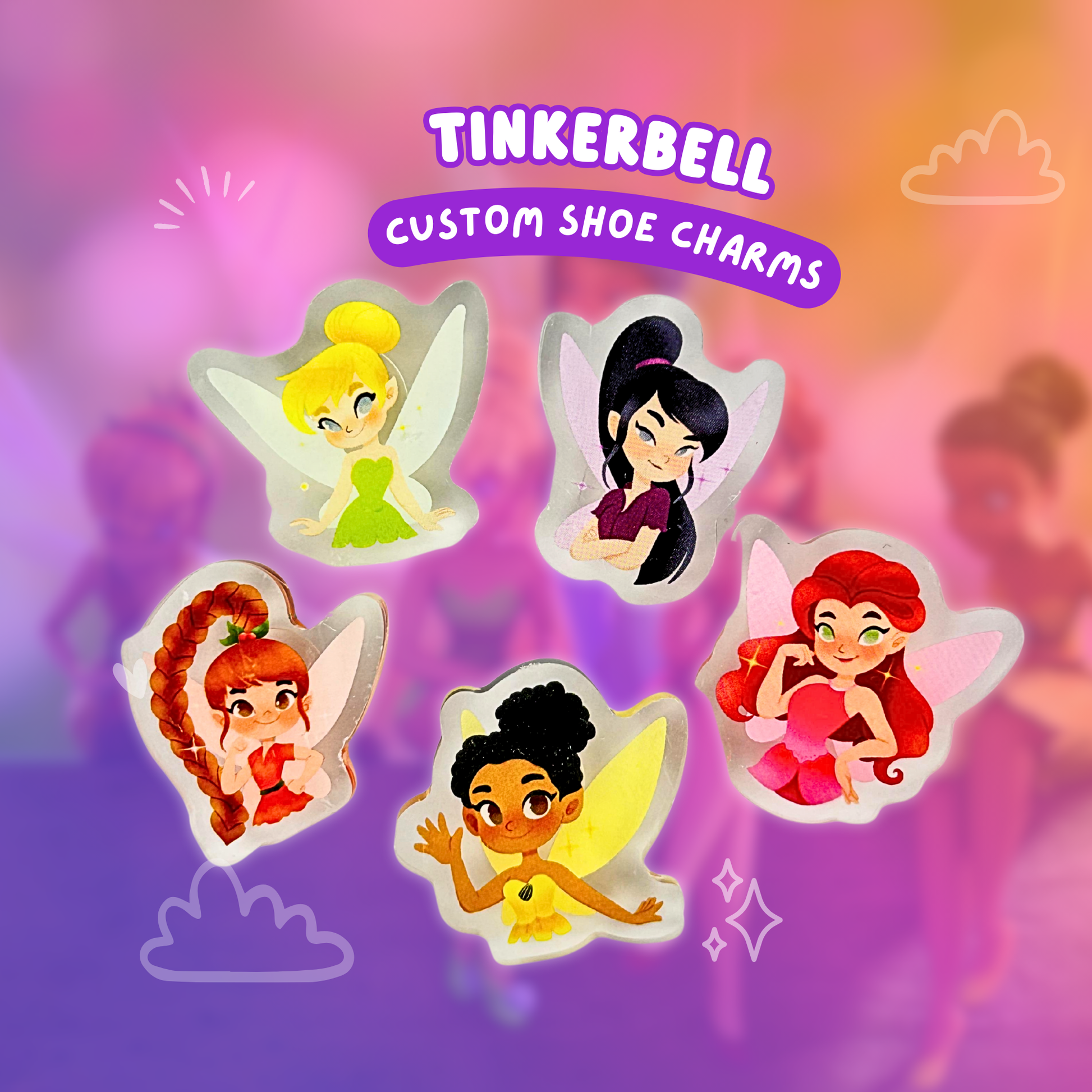 Tinkerbell shoe charms on crocs – acrylic Disney fairy croc accessories