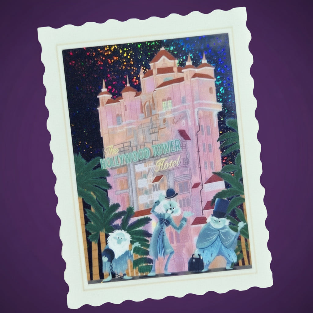 Illustration of the Hollywood Tower Hotel with characters in front, framed by a decorative border.