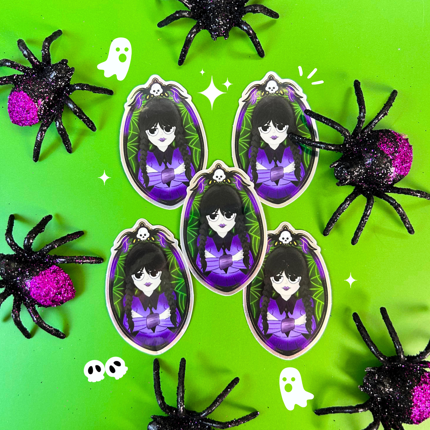 Wednesday Addams sticker held by hand – mirror glossy gothic waterproof vinyl
