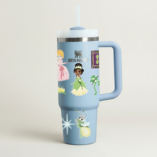 Light blue tumbler with princess-themed illustrations on a white background
