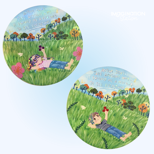 Two circular illustrations of children playing in a grassy field with trees and flowers.