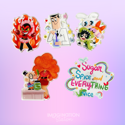 Set of colorful cartoon character stickers on a gradient background with 'Sugar, Spice and Everything Vice' text.