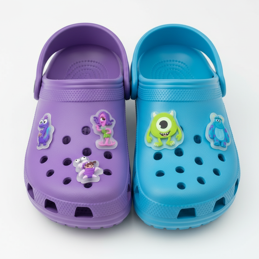 Set of Monsters Inc. custom shoe charms on a blue background with character illustrations.